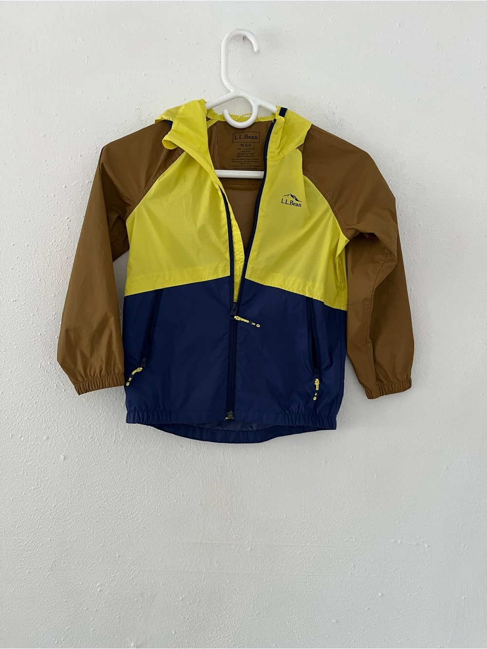 L.L. Bean Kids Colorblock Hooded Windbreaker in Yellow, Navy & Brown